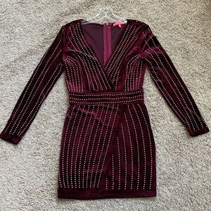 Xtaren Burgundy Long Sleeve Studded Dress